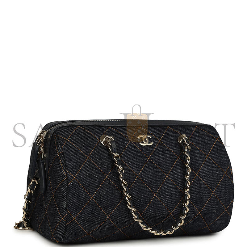 CHANEL MINI TIMELESS CLASSIC BARREL BAG WITH CHAIN DARK BLUE DENIM LIGHT GOLD HARDWARE AP4474 (19*13*10cm)